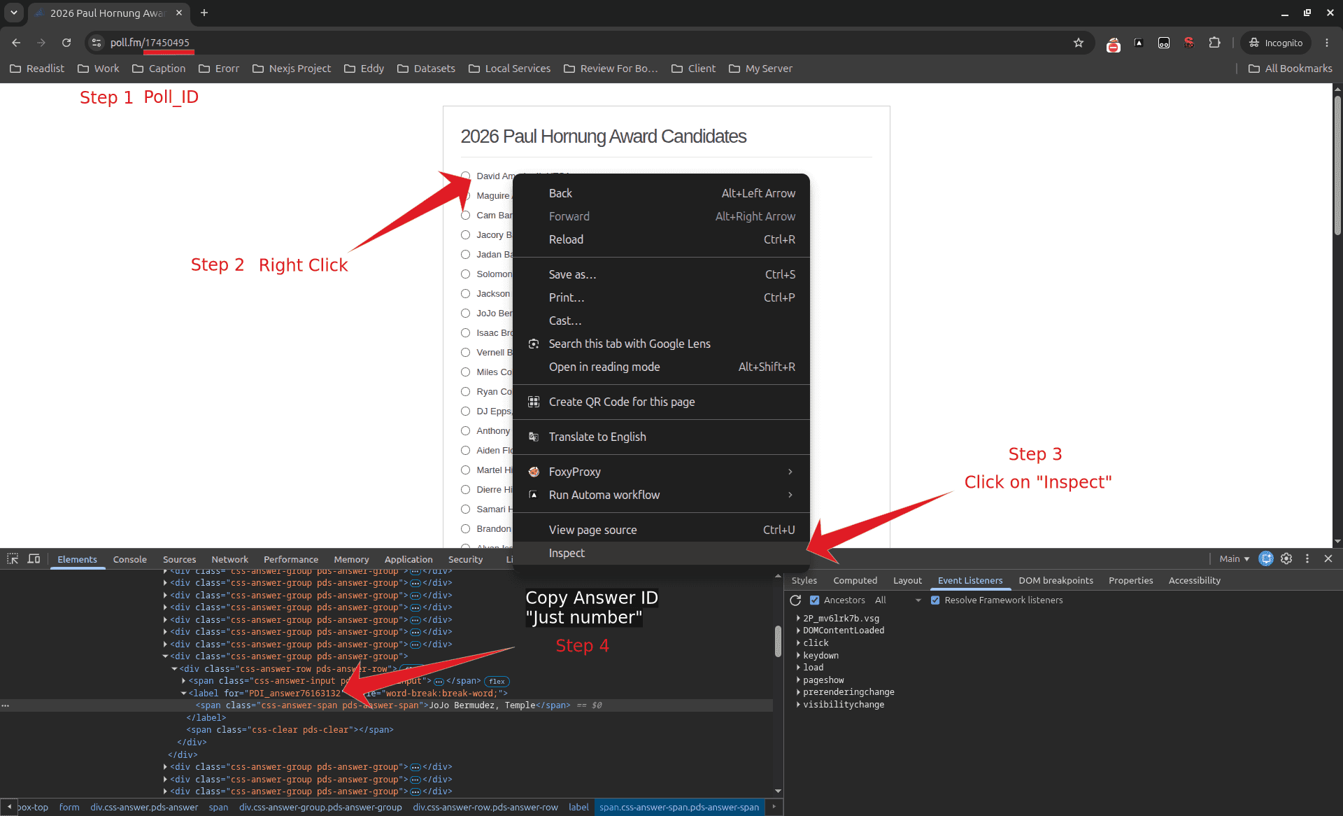Chrome DevTools open on a poll.fm poll: the poll ID in the address bar, the right-click menu with Inspect highlighted, and the selected label element showing for="PDI_answer76163132".